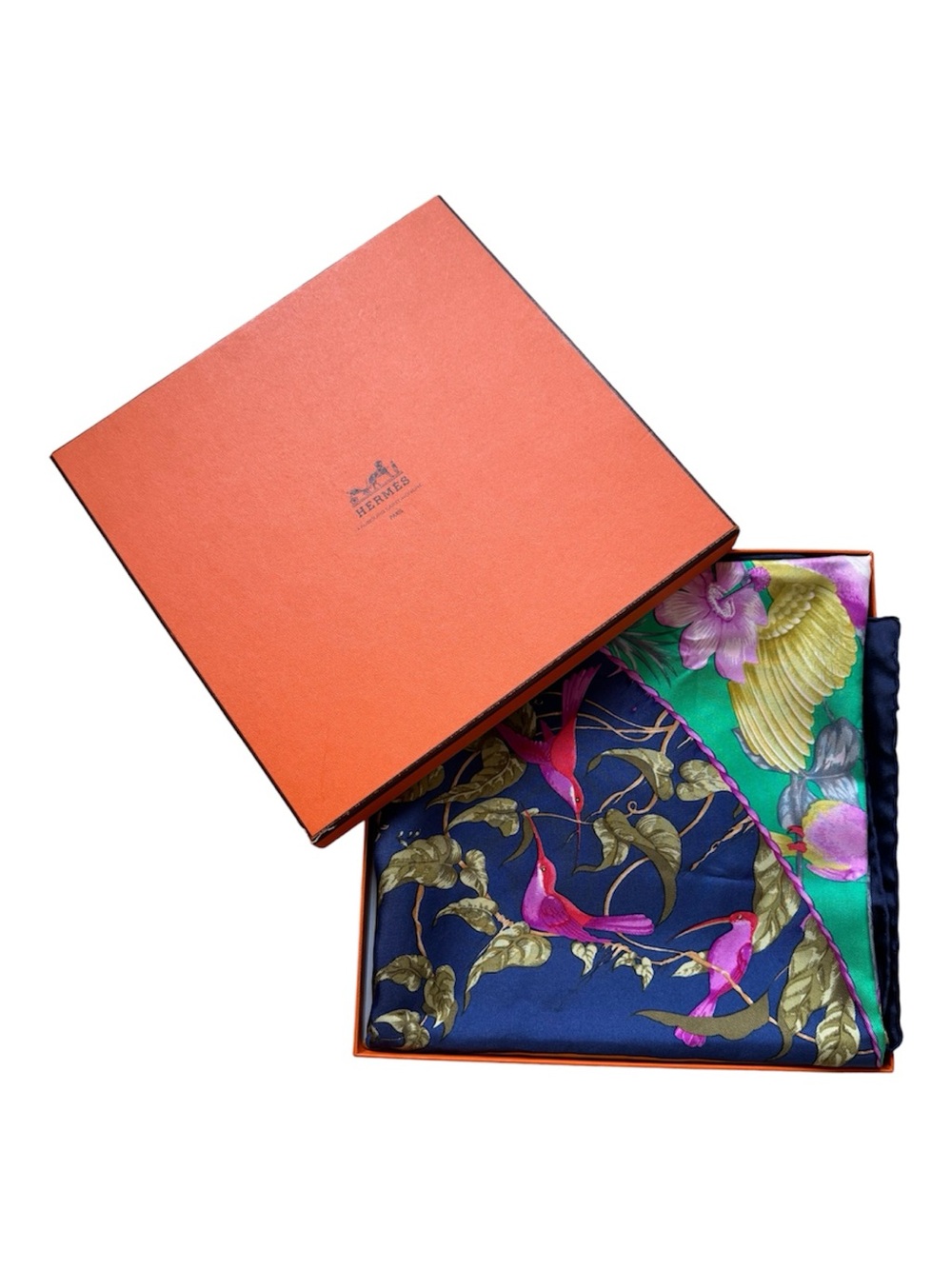 Hermes Tropiques Carre’ 90s Vintage Silk  Scarf Navy Blue Fuchsia Pink Pristine
